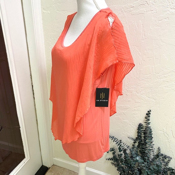 I N Studio Sz Lg Split Shoulder Coral Asymmetrical Overlay Top NWT - Picture 1 of 9